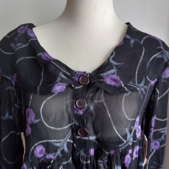 VINTAGE 90s Y2K EQUATION BLACK PURPLE CHIFFON BABYDOLL FLORAL DRESS NOS M - Picture 4 of 9
